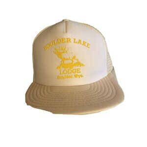 Sportcap Trucker Hat Cream Boulder Lake‎ Lodge Wyoming Elk Vintage Snapback Mesh